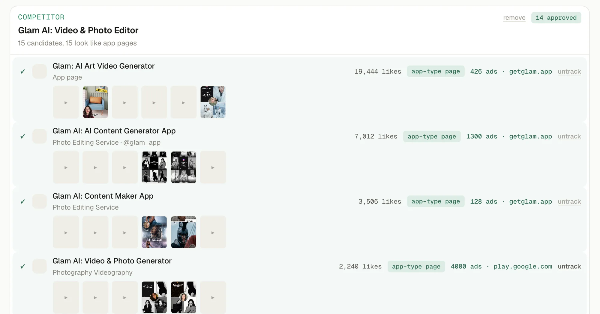 Meracl resolving one competitor into fifteen candidate Facebook pages with likes, ad counts and destinations