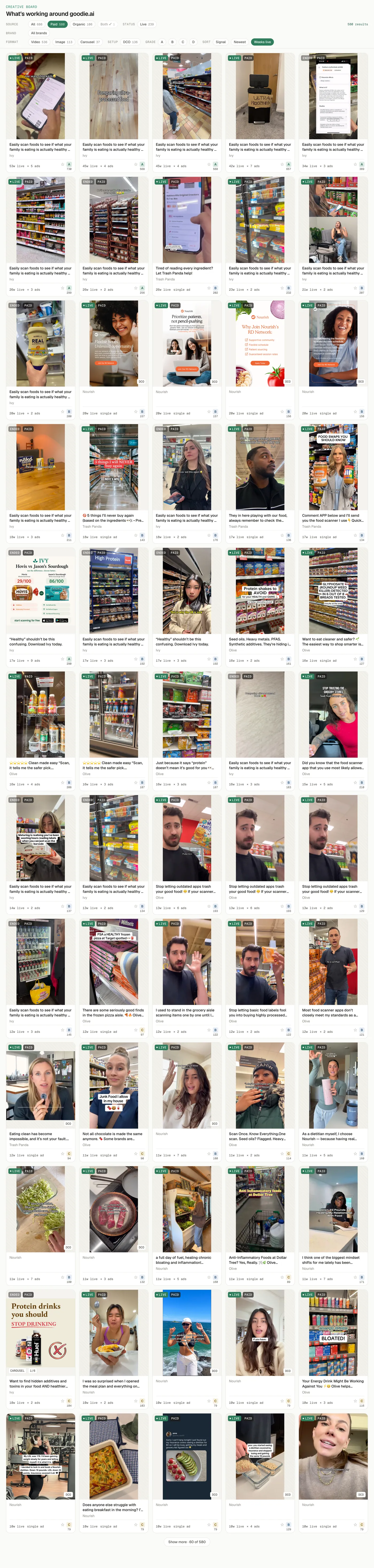 Meracl paid board: competitor ads sorted by weeks live